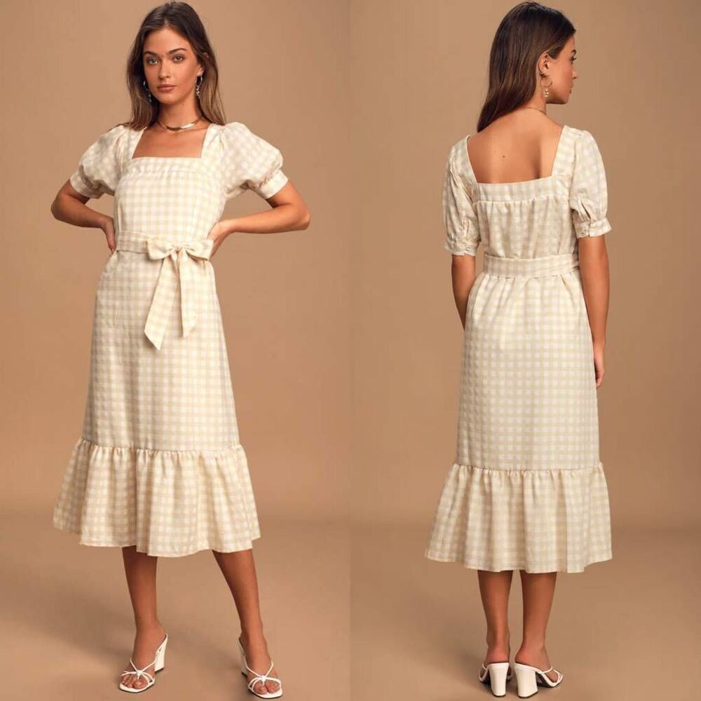 Lulus Love Me Sweeter Peach Gingham Puff Sleeve Midi Dress M NWOT